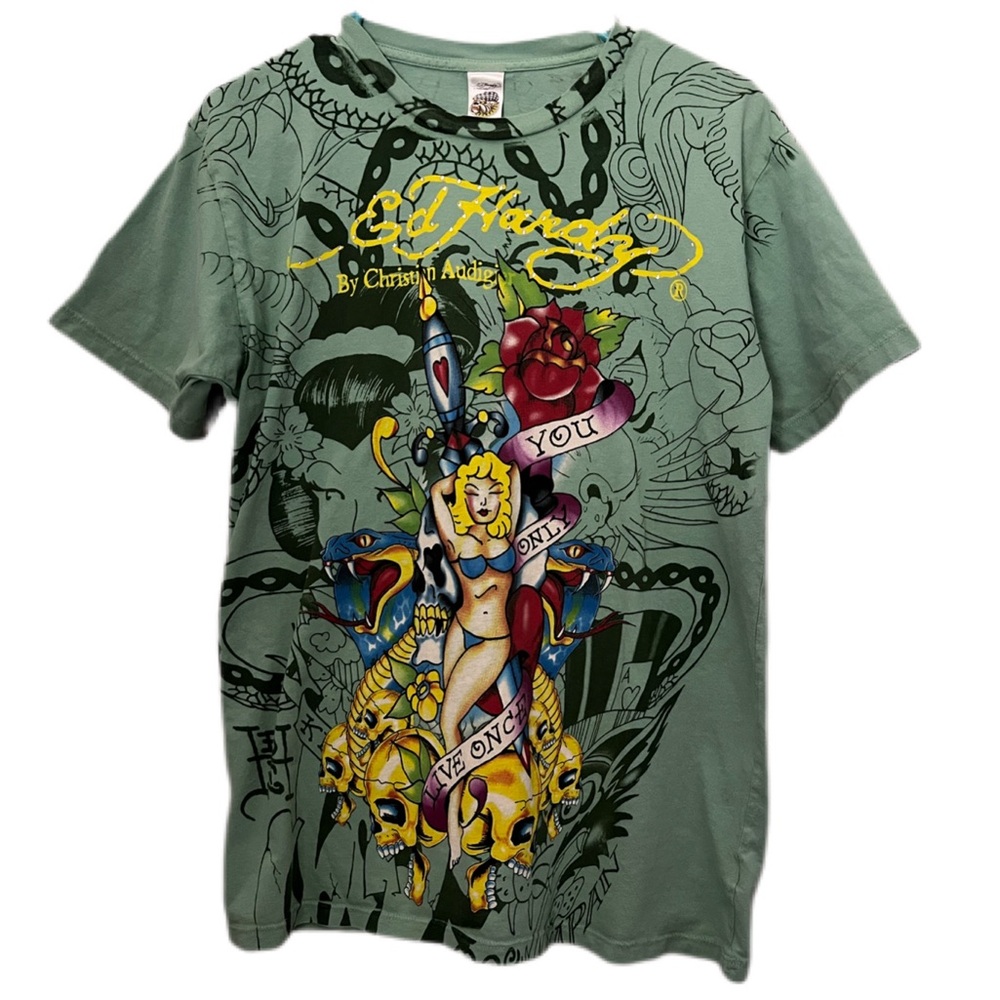 Ed Hardy Green Graphic Short Sleeve Tee with Multicolor Tattoo Print - Picture 1 of 12
